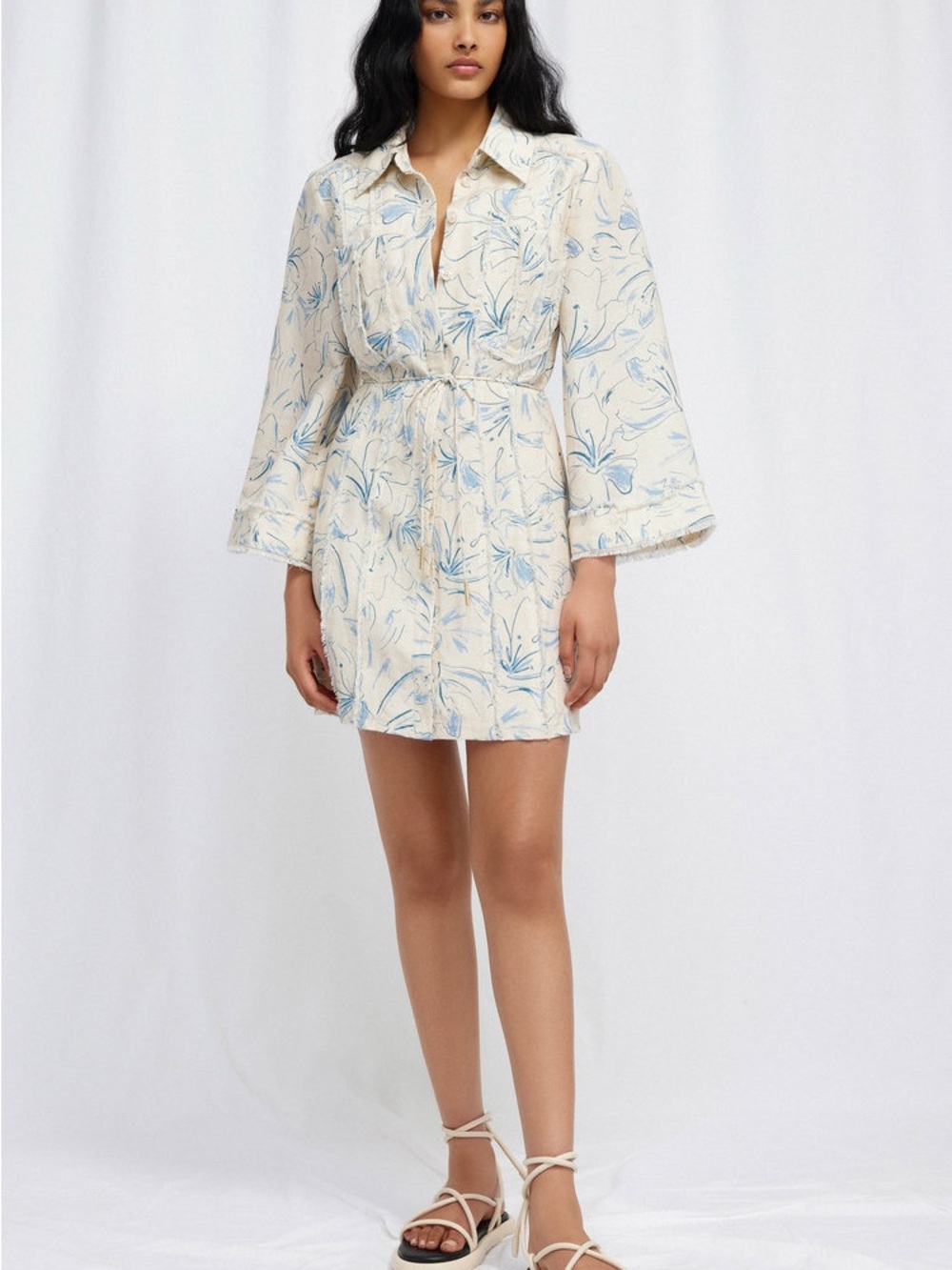 Significant Other Ansel Printed Linen Blend Mini Shirt Dress Illustration Floral